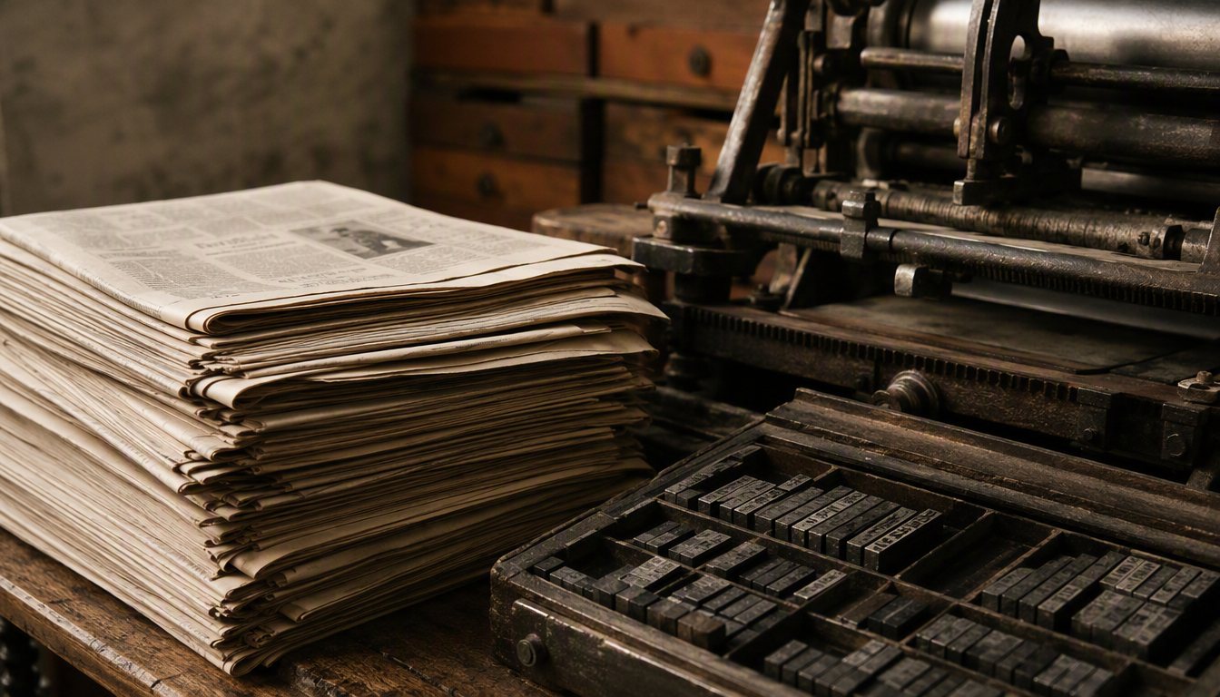 Zeitungen und Druckerpresse als Stillleben
