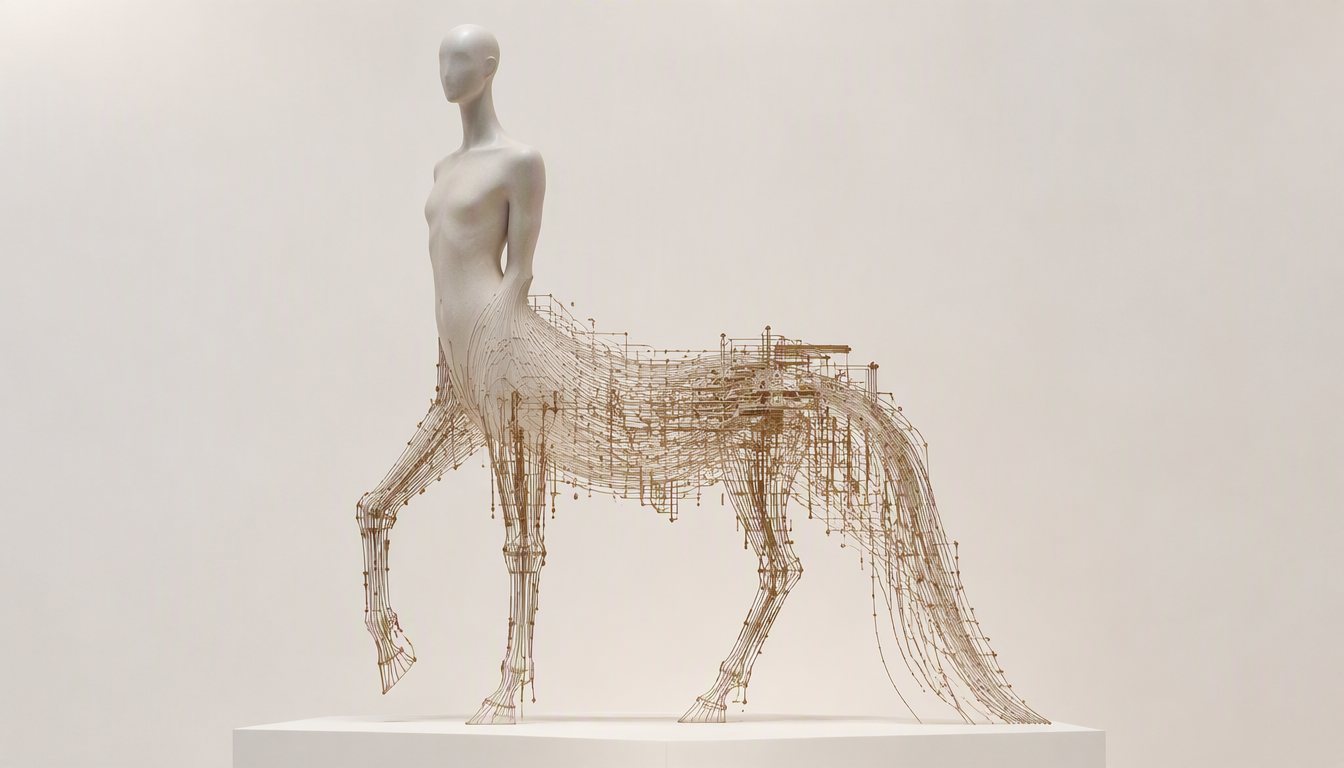 Abstrakte Skulptur als Centaur-Metapher: menschliche Silhouette, die in feine Linien- und Schaltkreisstrukturen übergeht